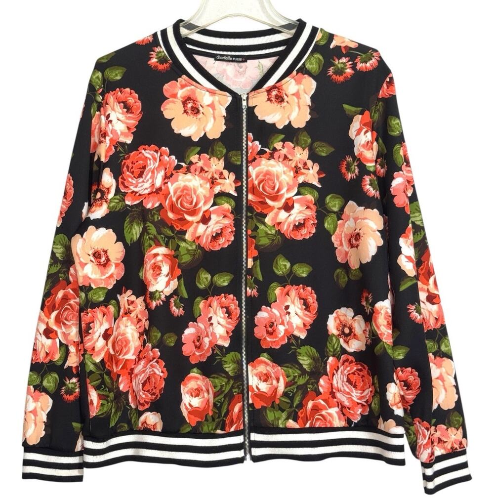 Floral Rose Satin Bomber Jacket Plus Size 2X Vintage Y2k Dark Cottage